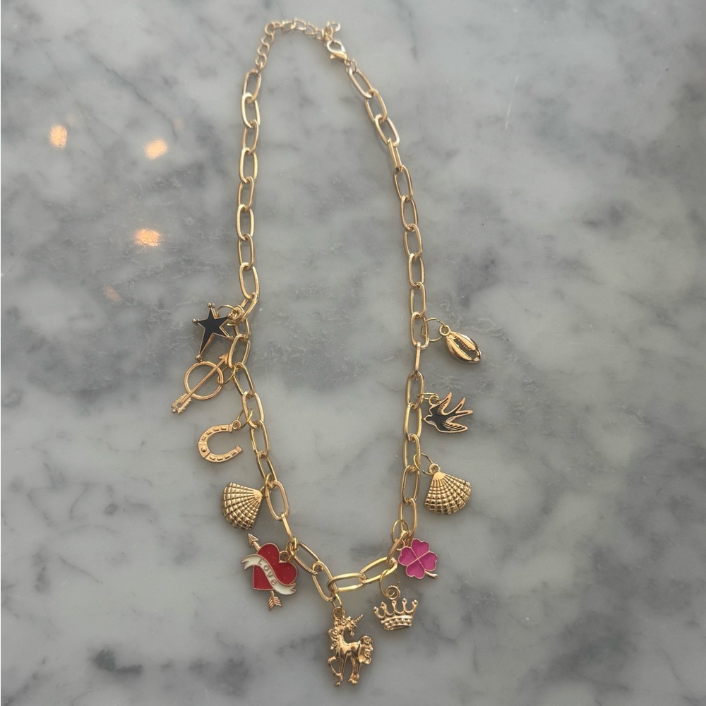 18k gold plated stainless Gold Charm Necklace with Colorful Accents
18”
